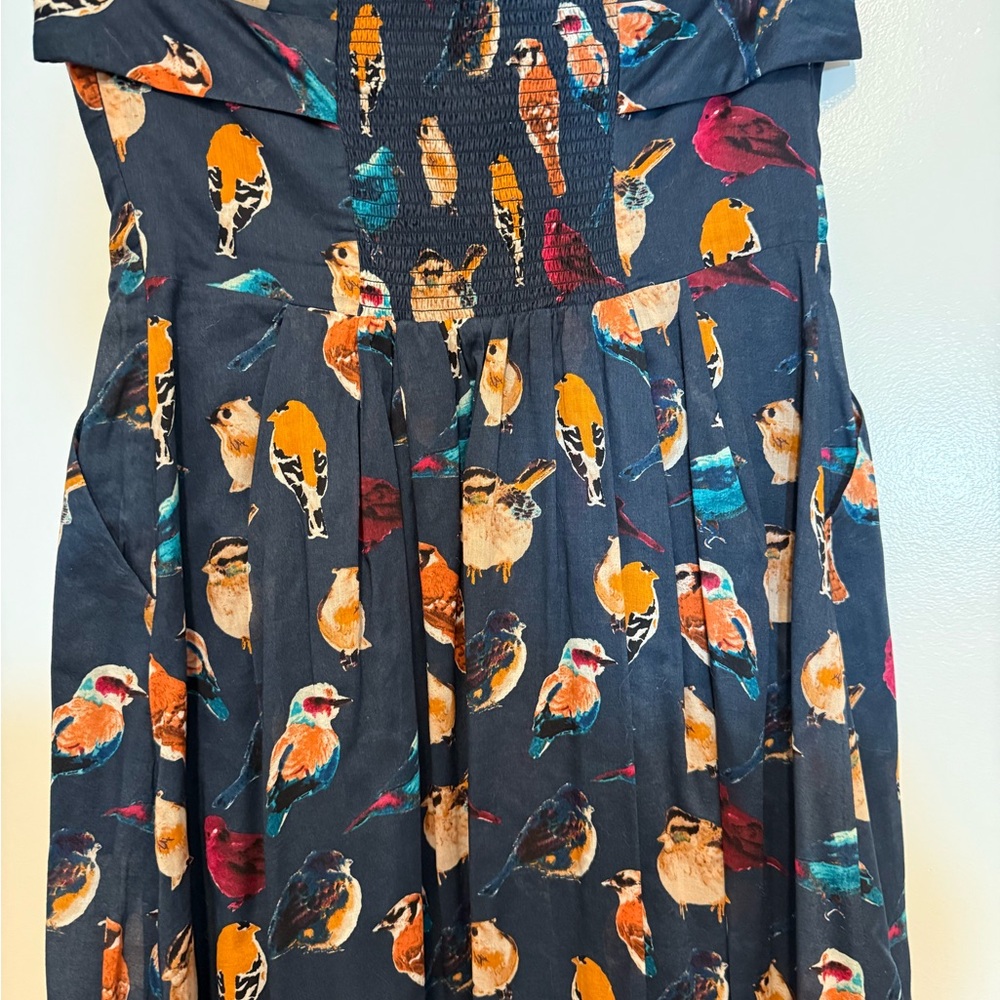 Maeve Strapless Navy Bird-Print Midi Dress - Picture 7 of 7